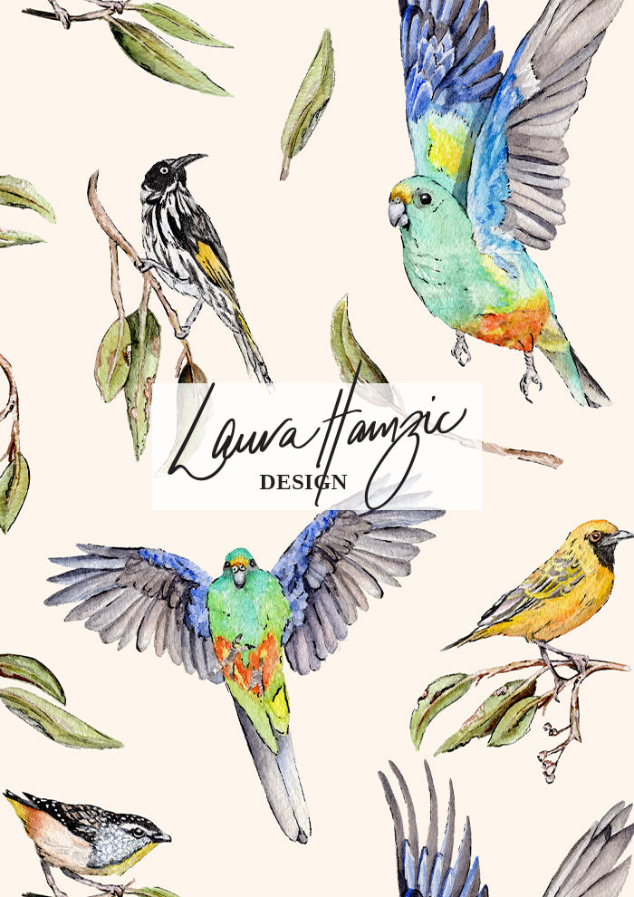 Large scale version of the Sunday Social Club pattern, Australian birds and eucalyptus leaves in a bold, airy repeat ideal for statement pieces.