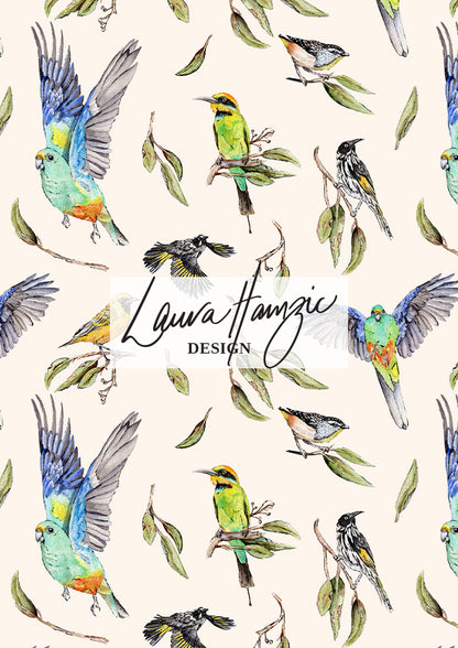 Sunday Social Club surface pattern by Laura Hamzic at medium scale, balanced spacing of native birds and foliage for versatile product use.