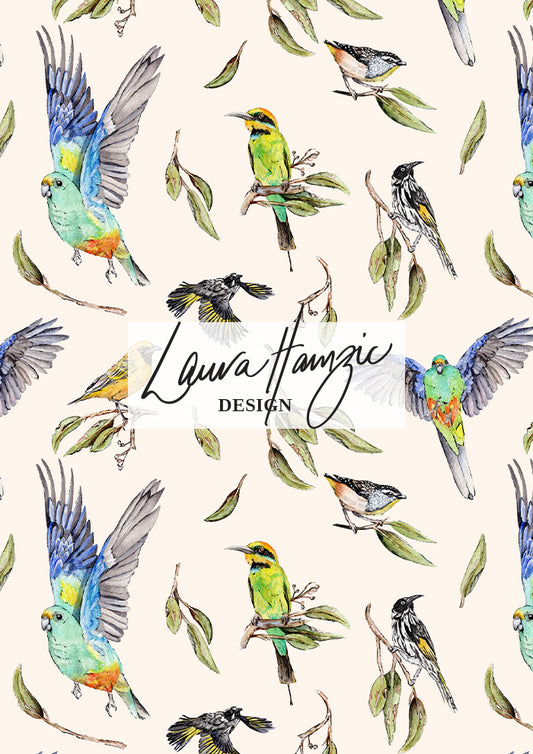 Sunday Social Club surface pattern by Laura Hamzic at medium scale, balanced spacing of native birds and foliage for versatile product use.