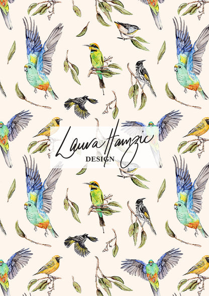 Seamless repeat surface pattern design featuring Australian birds, parrots, hummingbird, honeyeater, pardalote, and finch, with eucalyptus gum leaves. 'Birds Sunday Social Club' by Laura Hamzic, available for fabric, homewares, and product licensing.