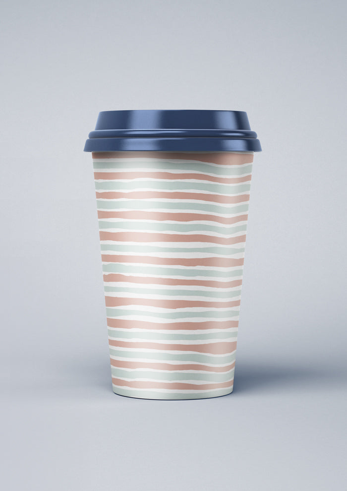 Coffee cup design featuring Bush Blush Stripe, hand-painted pastel lines with a relaxed, natural feel.