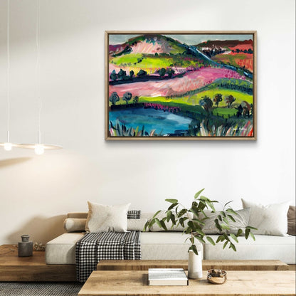 Watercolour art print of a whimsical, abstract landscape - Pink Rolling Hills, hand-painted by Laura Hamzic.