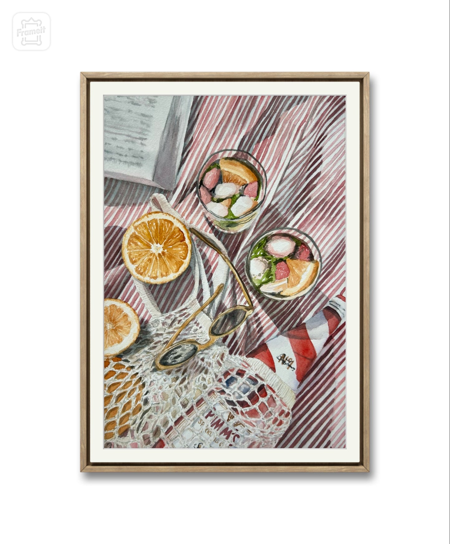 Watercolour art print of a fun beach day - pimms cocktails on a beach blanket and a book, hand-painted by Laura Hamzic.