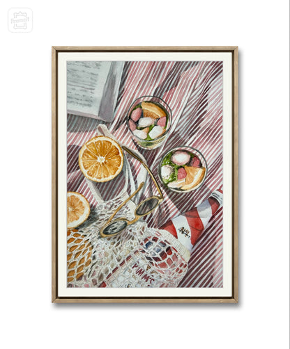 Watercolour art print of a fun beach day - pimms cocktails on a beach blanket and a book, hand-painted by Laura Hamzic.
