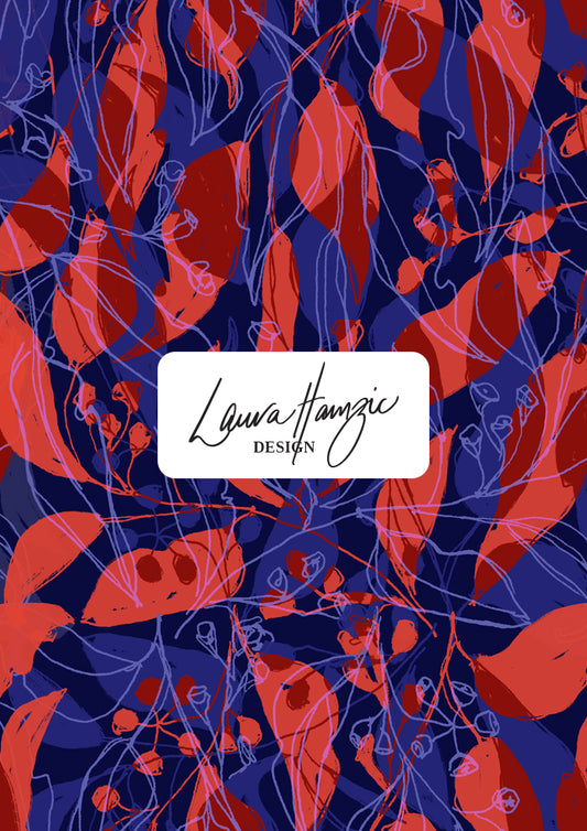 A bold playful take on australian gum leaves - Cascading Gum Leaves pattern by Laura Hamzic is available for licensing