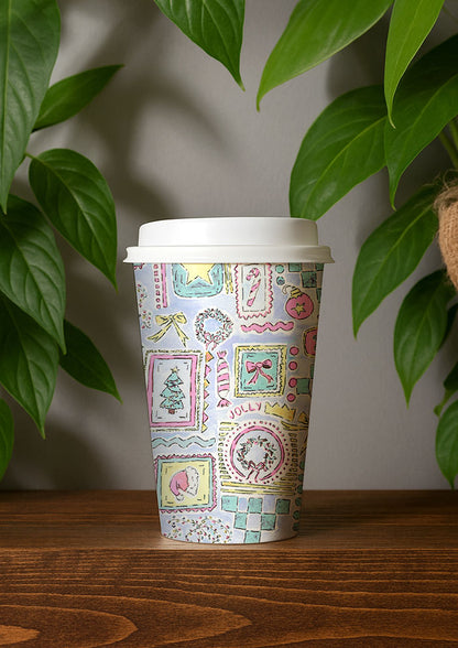 Christmas coffee cup design with Santa Hats, trees, bows and stars in frames. Australian Christmas Surface Pattern Design by Brisbane Artist Laura Hamzic