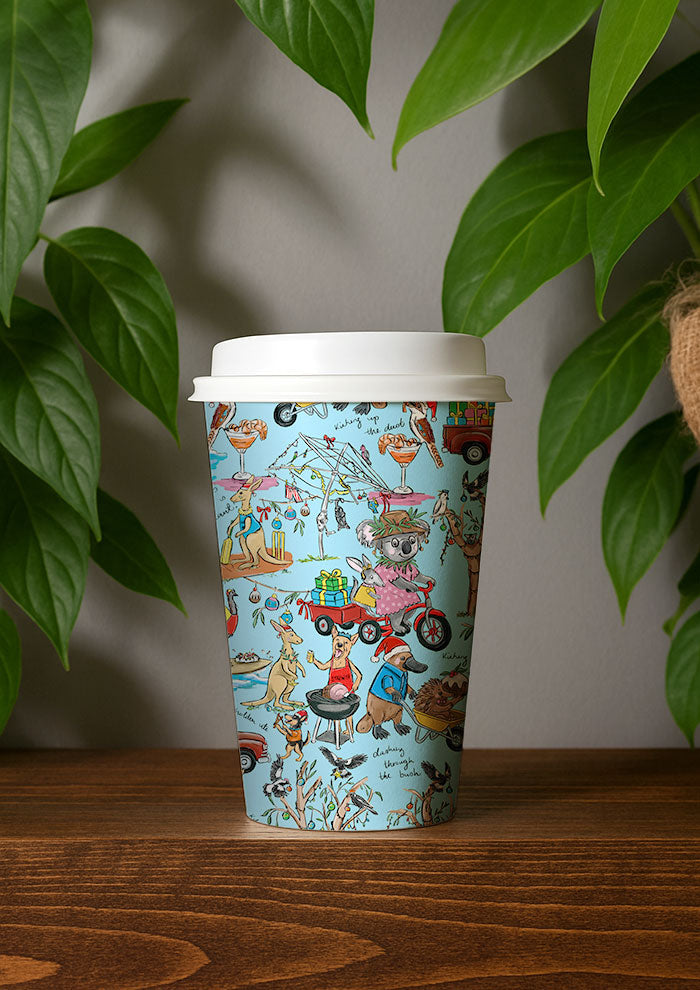Playful Aussie Christmas coffee cup design featuring native animals, BBQs, and backyard cricket. Australian Surface Pattern Design by Brisbane Artist Laura Hamzic