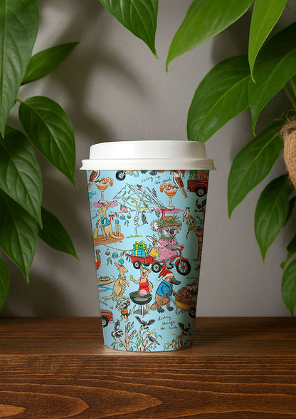 Playful Aussie Christmas coffee cup design featuring native animals, BBQs, and backyard cricket. Australian Surface Pattern Design by Brisbane Artist Laura Hamzic