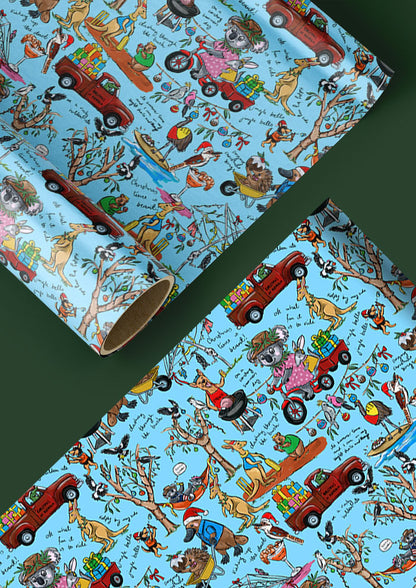 Playful Aussie Christmas wrapping paper design featuring native animals, BBQs, and backyard cricket. Australian Surface Pattern Design by Brisbane Artist Laura Hamzic