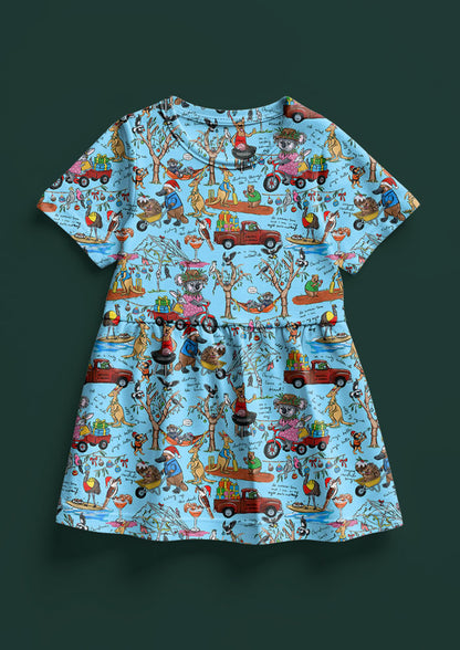 Playful Aussie Christmas girls dress design featuring native animals, BBQs, and backyard cricket. Australian Surface Pattern Design by Brisbane Artist Laura Hamzic