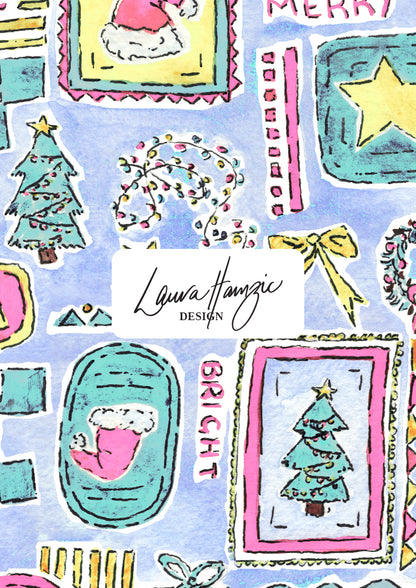 Christmas-themed design with Santa Claus, trees, and stars perfect for festive fabric, scrubs and wrapping paper. Australian Christmas Surface Pattern Design by Brisbane Artist Laura Hamzic