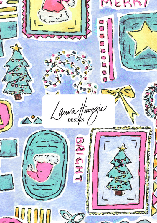Christmas-themed design with Santa Claus, trees, and stars perfect for festive fabric, scrubs and wrapping paper. Australian Christmas Surface Pattern Design by Brisbane Artist Laura Hamzic