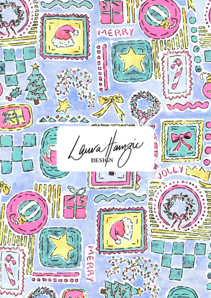 Christmas design with Santa Claus, trees, and stars perfect for festive Christmas pjs, scrubs and wrapping paper. Australian Christmas Surface Pattern Design by Brisbane Artist Laura Hamzic