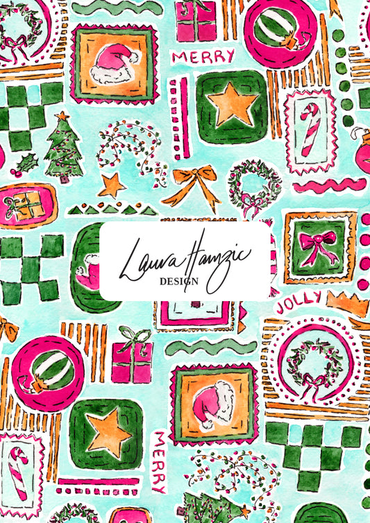 Christmas-themed design with Santa Claus, trees, and stars perfect for festive fabric, scrubs and wrapping paper. Australian Christmas Surface Pattern Design by Brisbane Artist Laura Hamzic