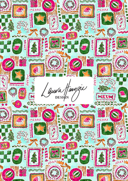 Christmas-themed design with Santa Claus, trees, and stars perfect for festive fabric, scrubs and wrapping paper. Australian Christmas Surface Pattern Design by Brisbane Artist Laura Hamzic