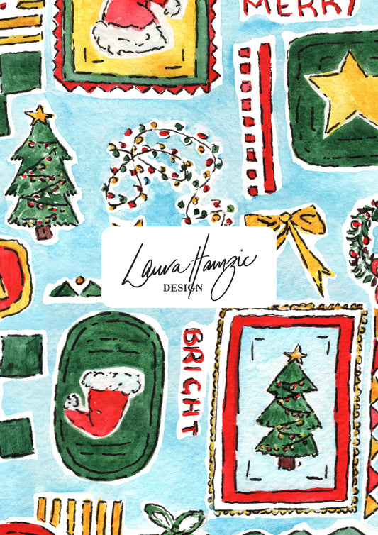 Christmas-themed design with Santa Claus, trees, and stars perfect for festive fabric, scrubs and wrapping paper. Australian Surface Pattern Designer Laura Hamzic