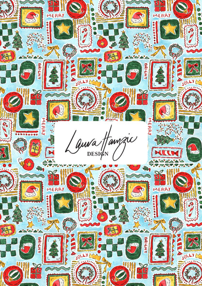 Christmas-themed design with Santa Claus, trees, and stars perfect for festive fabric, scrubs and wrapping paper. Australian Christmas Surface Pattern Design by Brisbane Artist Laura Hamzic