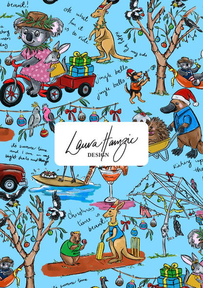 Playful Australian Christmas pattern featuring native animals, BBQs, and backyard cricket perfect for festive fabric, scrubs and wrapping paper. Bold Christmas Surface Pattern Design by Brisbane Artist Laura Hamzic