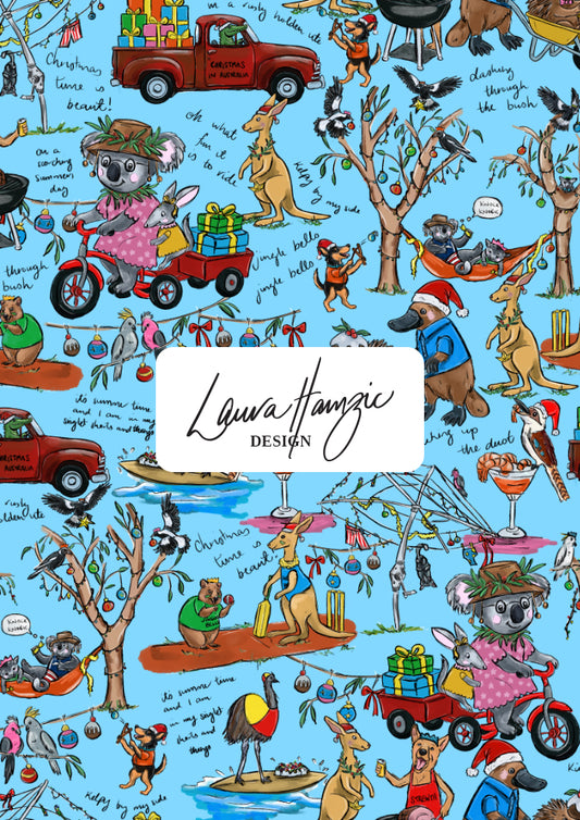 Playful Christmas in Australia pattern featuring native animals, BBQs, and backyard cricket perfect for festive fabric, scrubs and wrapping paper. Australian Christmas Surface Pattern Design by Brisbane Artist Laura Hamzic