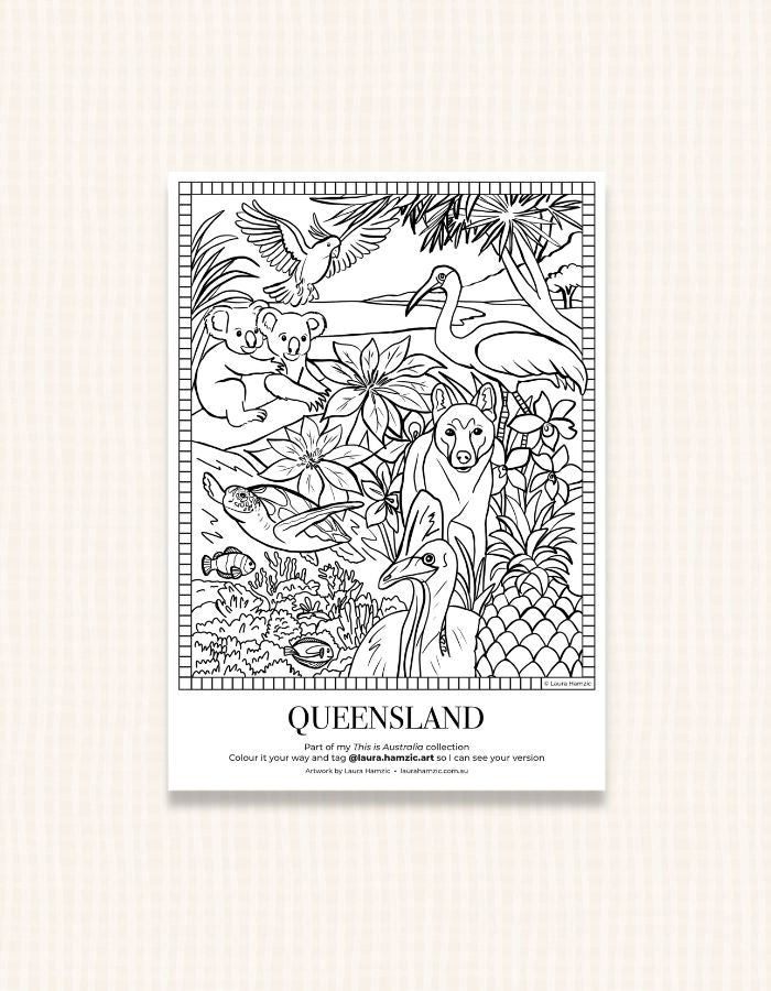 Free Queensland colouring page for kids based on hand-drawn watercolour artwork featuring iconic Sunshine State elements