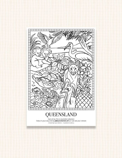 Free Queensland colouring page for kids based on hand-drawn watercolour artwork featuring iconic Sunshine State elements