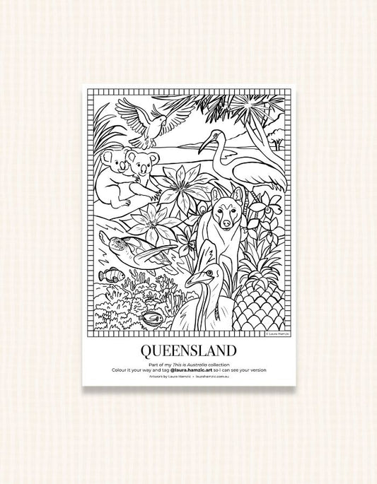 Free Queensland colouring page for kids based on hand-drawn watercolour artwork featuring iconic Sunshine State elements