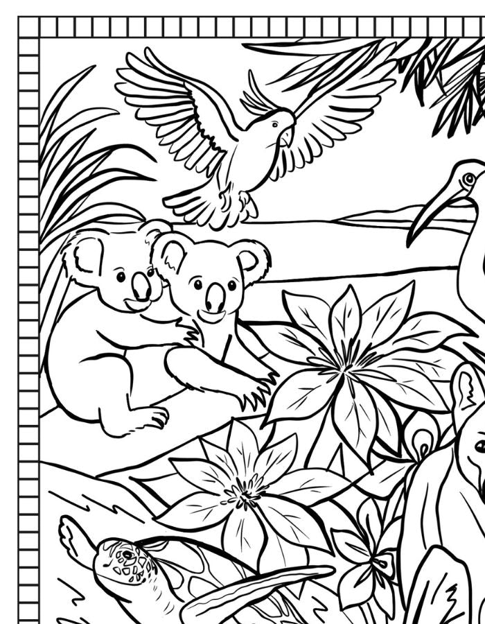 Printable Queensland colouring sheet inspired by Australian landmarks, tropical icons and coastal lifestyle