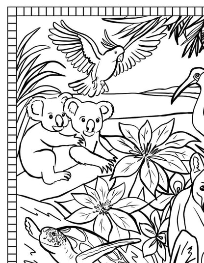 Printable Queensland colouring sheet inspired by Australian landmarks, tropical icons and coastal lifestyle
