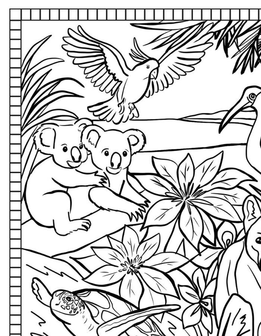 Printable Queensland colouring sheet inspired by Australian landmarks, tropical icons and coastal lifestyle