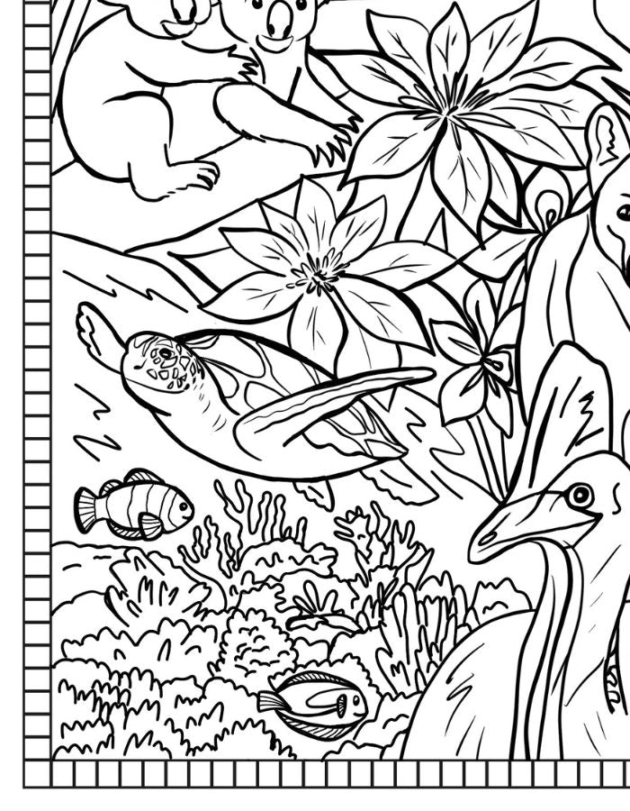 This Is Australia Queensland colouring page download featuring detailed line art of iconic Queensland scenes