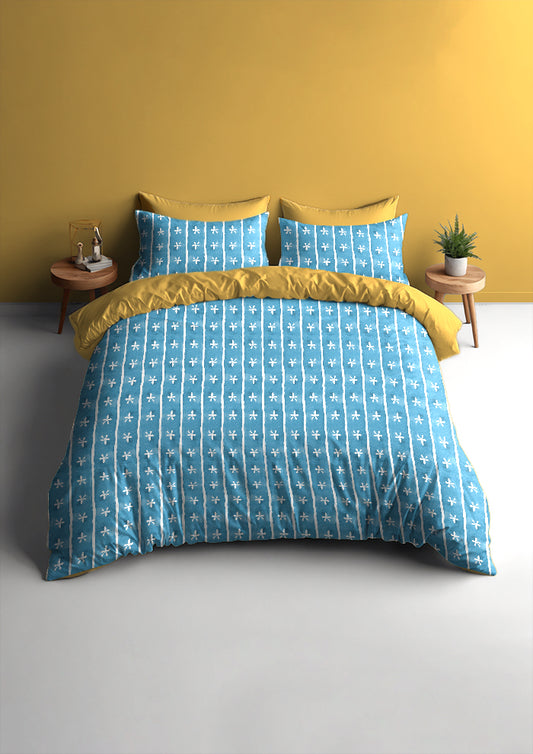 Denim Dancing Daisies pattern on bed mockup. Pattern design by Laura Hamzic, Australian Artist.