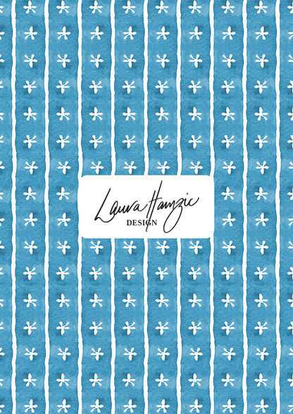 Denim Dancing Daisies stripe pattern, large scale, for textiles. Pattern design by Laura Hamzic, Australian Artist.