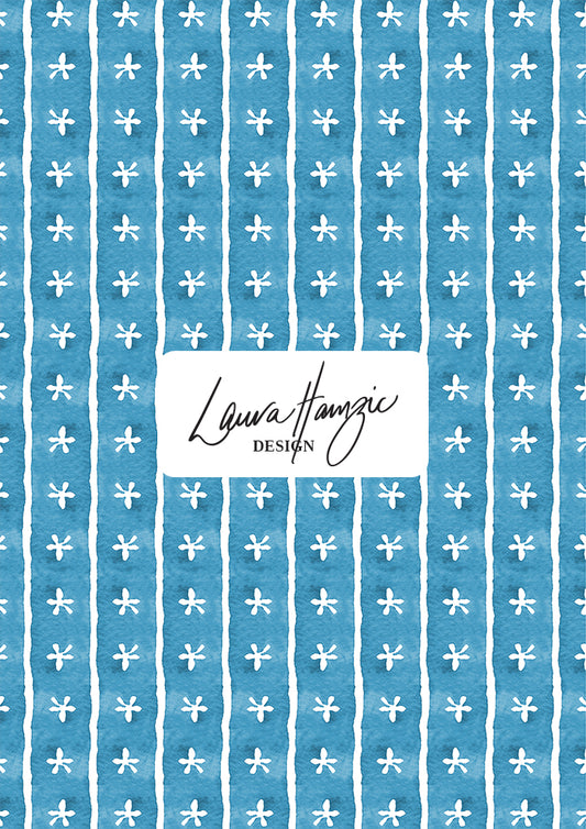 Denim Dancing Daisies stripe pattern, large scale, for textiles. Pattern design by Laura Hamzic, Australian Artist.