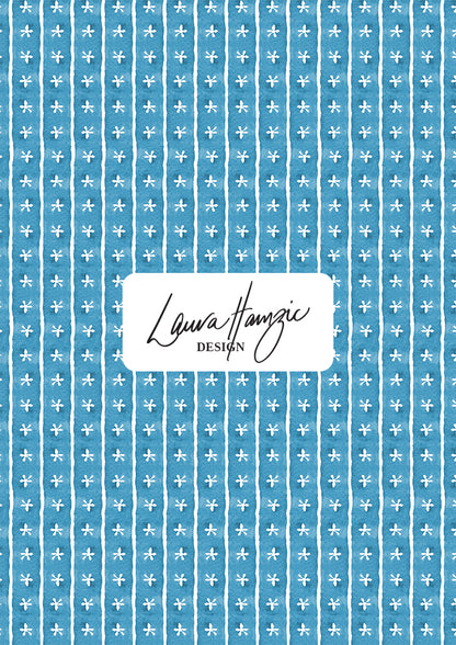 Denim Dancing Daisies stripe pattern, medium scale, for textiles. Pattern design by Laura Hamzic, Australian Artist.