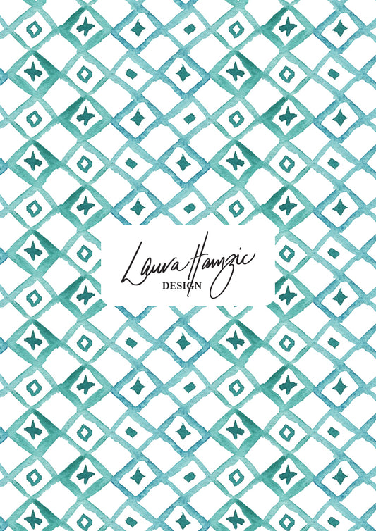Diamond Lattice at medium scale, bold watercolour diamond grid with spots and crosses in the centre, creating a relaxed Mediterranean coastal aesthetic.
