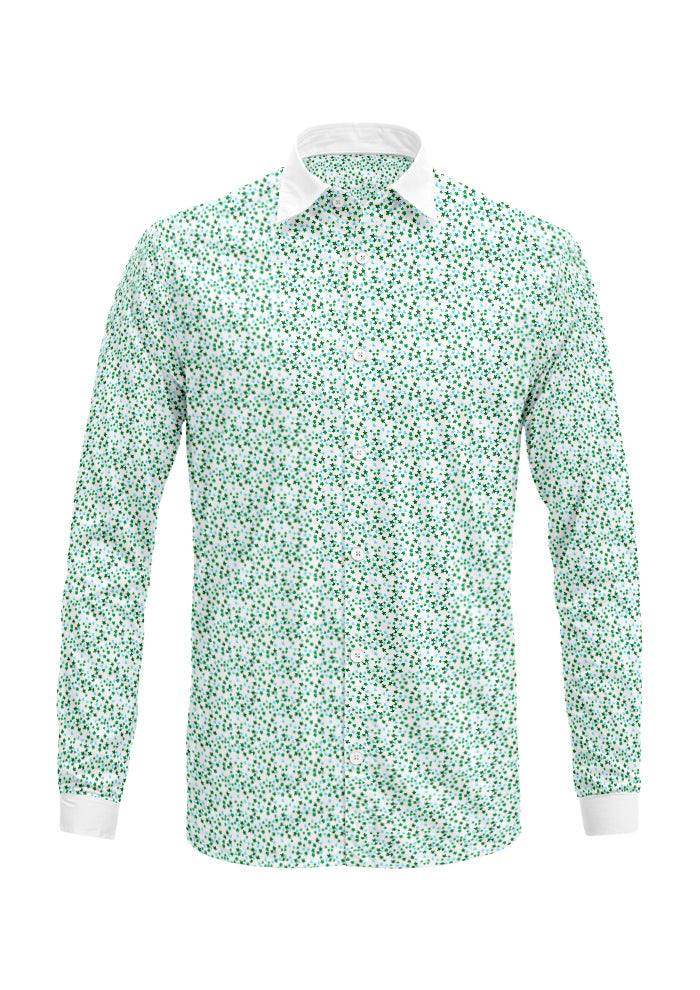 Ditsy Daisy - Mens dress shirt featuring Floral pattern design by Laura Hamzic Australian Surface Pattern Designer - Green and Blue on White