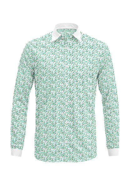 Ditsy Daisy - Mens dress shirt featuring Floral pattern design by Laura Hamzic Australian Surface Pattern Designer - Green and Blue on White