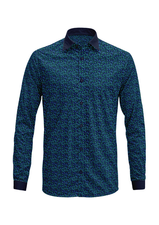 Ditsy Daisy - Mens dress shirt featuring Floral pattern design by Laura Hamzic Australian Surface Pattern Designer - Green and Blue on White