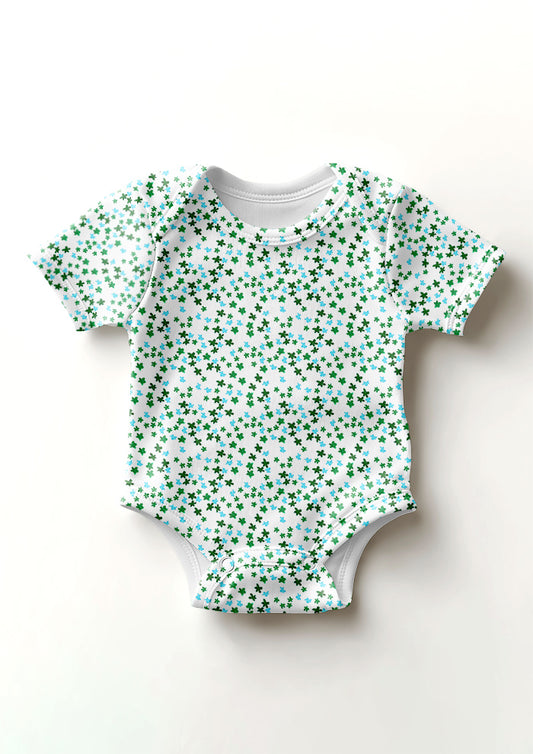 Ditsy Daisy - Baby Onesie featuring Floral pattern design by Laura Hamzic Australian Surface Pattern Designer - Green and Blue on White