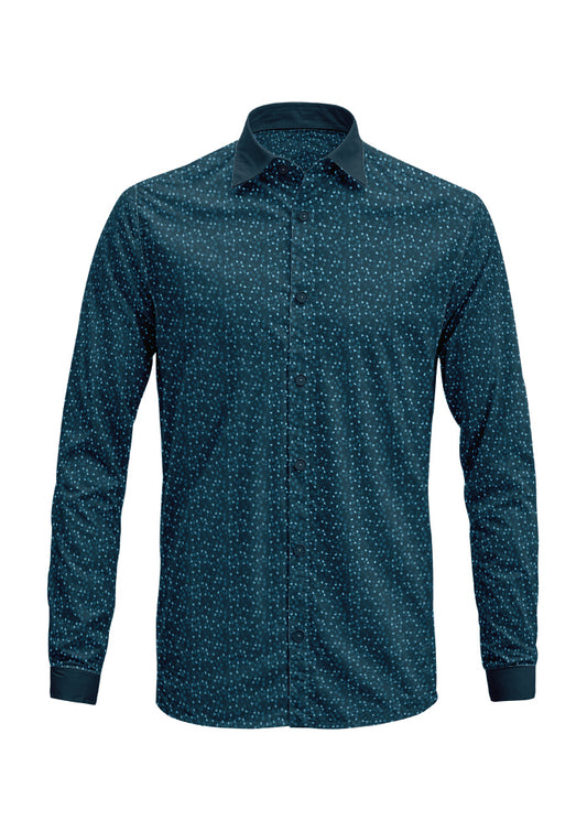 Ditsy Daisy - Mens long sleeve shirt featuring Floral pattern design by Laura Hamzic Australian Surface Pattern Designer - Denim on White