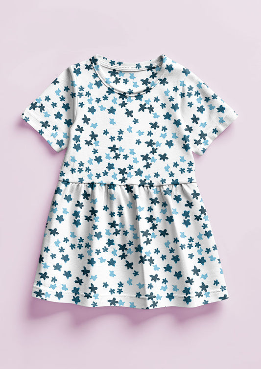 Ditsy Daisy - Little Girls Dress featuring Floral pattern design by Laura Hamzic Australian Surface Pattern Designer - Denim on White