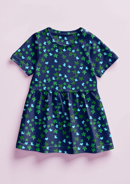 Ditsy Daisy - Little Girls Dress featuring Floral pattern design by Laura Hamzic Australian Surface Pattern Designer - Green and Blue on White