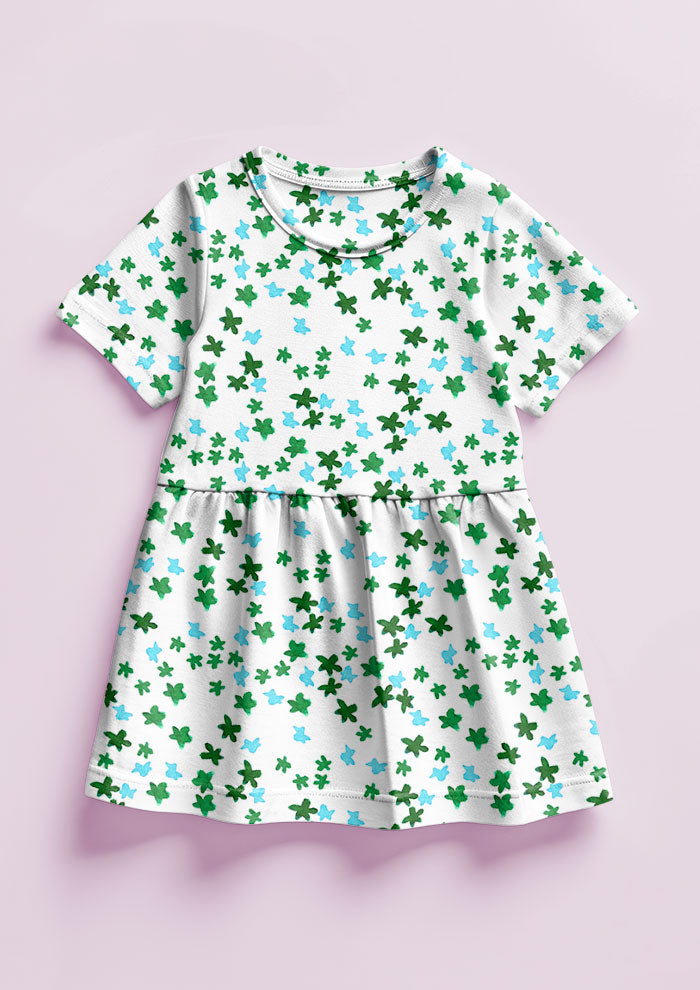 Ditsy Daisy - Little Girls Dress featuring Floral pattern design by Laura Hamzic Australian Surface Pattern Designer - Green and Blue on White