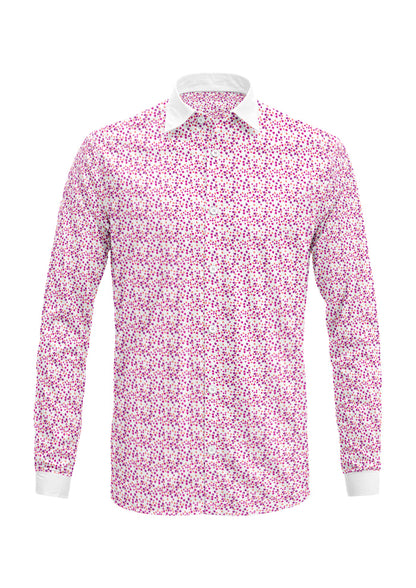 Ditsy Daisy - Mens dress shirt featuring Floral pattern design by Laura Hamzic Australian Surface Pattern Designer - Pink and Orange on White