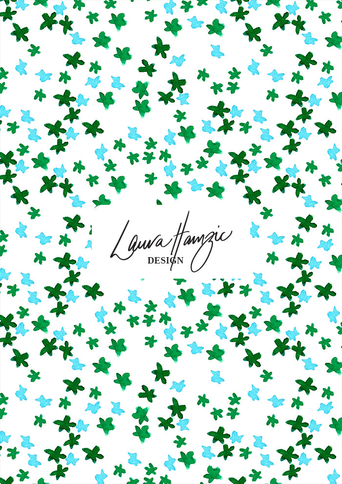 Ditsy Daisy - Floral pattern design by Laura Hamzic Australian Surface Pattern Designer - Green and Blue on White