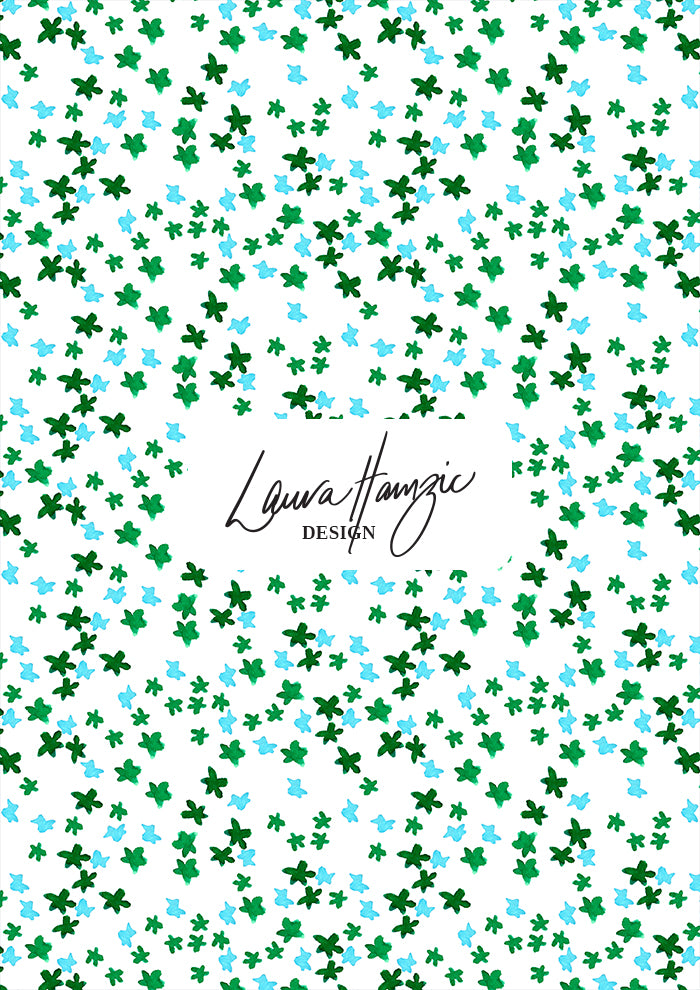Ditsy Daisy - Floral pattern design by Laura Hamzic Australian Surface Pattern Designer - Green and Blue on White