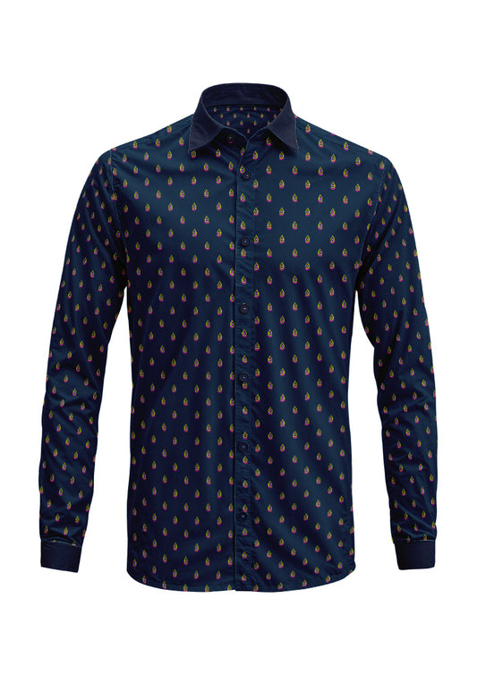Pink and green Drip Drop pattern on navy, men's long-sleeve shirt mockup. Pattern design by Laura Hamzic, Australian Artist.