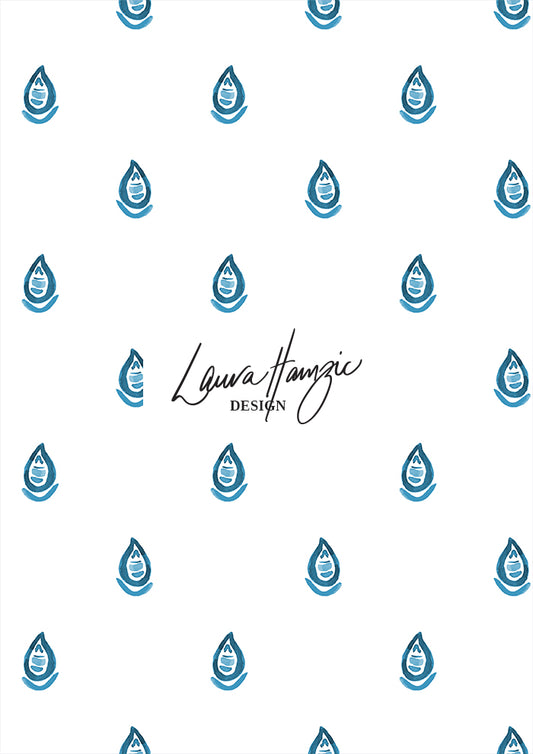 Denim Drip Drop watercolour dot pattern with paisley, medium scale, for fabrics. Pattern design by Laura Hamzic, Australian Artist.