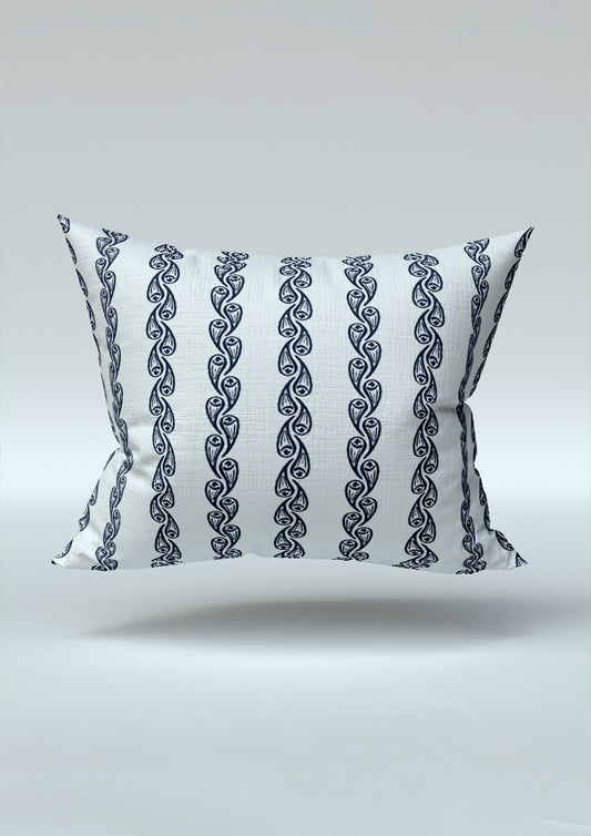 Navy Droplet Drift pattern on cushion mockup. Pattern design by Laura Hamzic, Australian Artist.