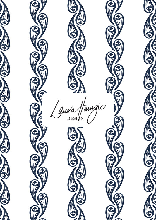 Navy Droplet Drift watercolour stripe pattern, large scale, for textiles. Pattern design by Laura Hamzic, Australian Artist.